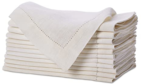 COTTON CRAFT Klassisches Leinen-Set mit 12 übergroßen handgefertigten Hohlsaum-Servietten, 50,8 x 50,8 cm, elfenbeinfarben