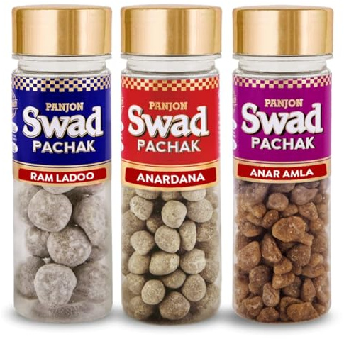 PANJON SWAD Imli Ram Ladoo, Hing Peda & Anar Amla (100% Natural Candy Mouth Freshner) 3 Bottles, 370g