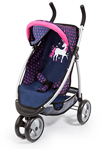 Bayer Design 39954AA Poussette Poupée Jogger, Landau pour poupée, avec ceinture de sécurité, réglable, avec jolie licorne, bleu rose