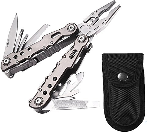 Banne Bon 13-in-1 Edelstahl-Taschen-Multifunktionszange, Messer, Schraubendreher, Feile, Säge, Öffner mit Sicherheitsverriegelungsmechanismus und Nylonscheide