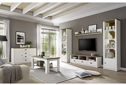 Lomadox Landhaus-Wohnwand-Set mit Anrichte & Couchtisch in Pinie weiß und Eiche hell, inkl. LED-Beleuchtung