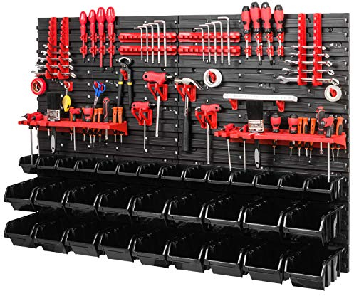 PAFEN Werkstattregal Lagersystem - 1152 x 780 mm - Wandregal mit Schwarz Stapelboxen, Rot Werkzeughalter - Schüttenregal Wandplatten Extra Starke