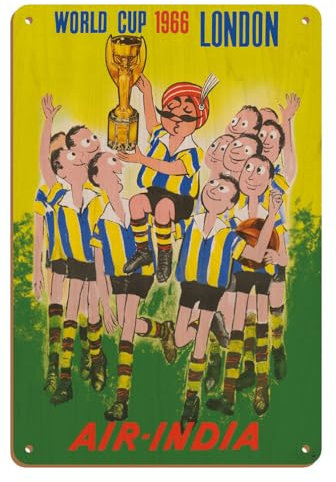 1966 World Cup London England - Air India - Maharajah Soccer Player - Vintage Airline Travel Poster by Umesh Rao c.1960s - 8 x 12 inch Vintage Wood Art Sign