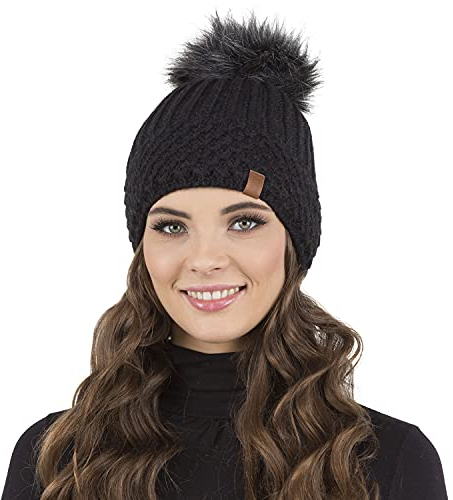 Vivisence Berretto Donna con Pompon Caldo Ideale per L’Inverno 7016, Nero,Taglia Unica