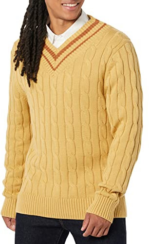 Amazon Essentials Jersey de Punto Trenzado y Cuello de Pico Hombre, Bronceado, L