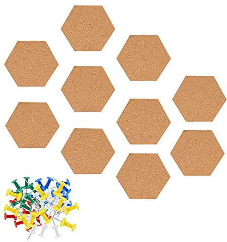 10 Stück Pinnwand Kork, Selbstklebende Sechseckige Korkplatte DIY Wanddeko, Mit 50 Stück Reißzwecken
