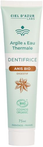 CIEL D'AZUR LABS - Denticlay Argile - Dentifrice Bio à l'Argile Blanche et à l'Eau Thermale de Digne les Bains - Certifié Bio Cosmos Organic - Tube 75ml - Anis