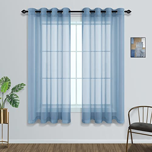 Vorhänge für Teenager Mädchen Schlafzimmer Set mit 2 Paneelen Ösen Durchsichtige Vorhänge Voile Halb Kurz Blau Grau Vorhänge für Küche Badezimmer Kleine Fenster (Staubblau, 52x45)