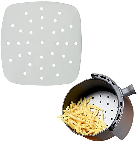 Air Fryer Liners, 100PCS 18cm Air Fryer Parchment Paper Liner, Perforated Parchment Paper Non-Stick Greaseproof Paper Square Parchment Liner for Baking Oven (White Perforated)