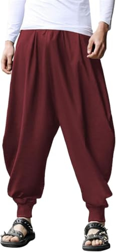 COOFANDY Men Harem Pants Baggy Harem Cotton Pants Fashion Hip Pop Hippie Linen Aladdin Yoga Pants, X-Large Wine Red