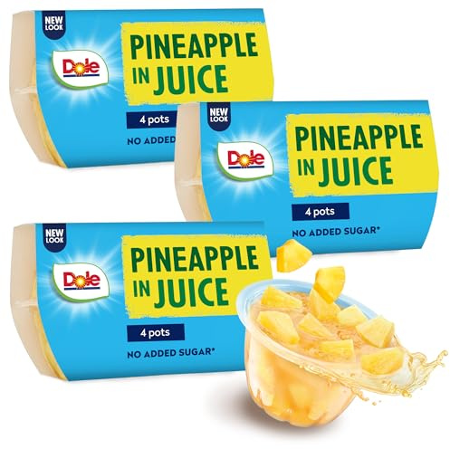 DOLE Pineapple In Juice 3x4 Packs, 12 pots, Fruit Pieces in Fruit Juice | No Added Sugar, Fruit snack, Fruit Topping