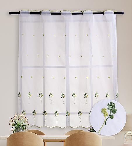 Cortina Cocina 90x145cm Blanca Traslúcida con Bordados para Ventana Corta, Visillos 100% Poliéster Cortos Translúcida para Ventanas y Marco de Puerta - Trebol