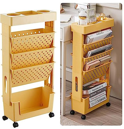 Aocase Étagère Debout à 5 Niveaux, Porte-revues, Chariots à Livres avec roulettes, Chariot à dossiers roulants, Chariot Roulant Polyvalent, Chariot Mobile, Chariot Roulant Utilitaire,Orange