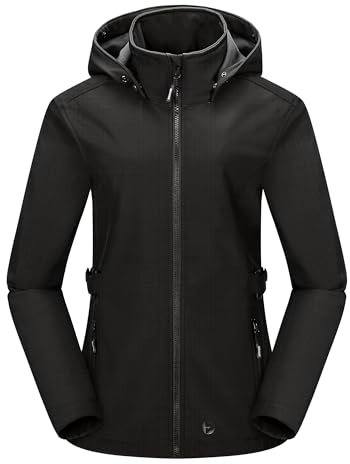 Outdoor Ventures Damen Softshelljacke Kurze Gefütterte Wasserdichte Übergangsjacke mit Abnehmbarer Kapuze Regenjacke Funktionsjacke Outdoor Regenmantel für Wandern Laufen Sporten Schwarzkariert L