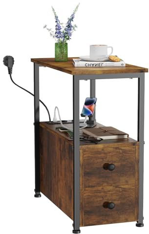 Rcynview Beistelltisch, Nachttisch mit Steckdose, schmal,USB-Anschlüssen, 60X30X61cm Minimalistisch Holz Nachttisch mit Aufbewahrung für Wohnzimmer, Schlafzimmer, vintagebraun-schwarz