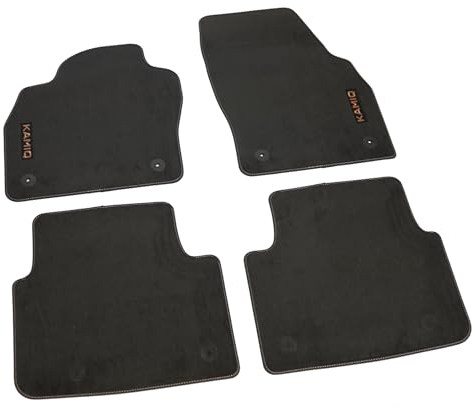 Skoda 658061270B Fußmatten Prestige Textilfußmatten 4X Stoffmatten Velours, schwarz, mit kupferfarbenen KAMIQ Schriftzug und kupferfarbener Naht