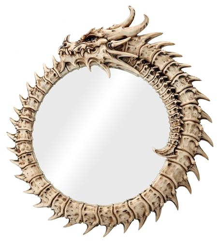 Figuren Shop GmbH Wandspiegel Drachen-Skelett Ouroboros 42 cm rund, Totenkopf Spiegel zum Hängen, Knochen, Gothic, Fantasy, Schlange