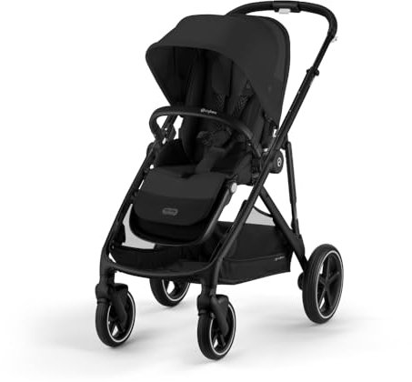 Cybex Gazelle S All-in-One Kleinkind- und Baby-Kinderwagen mit über 20 modularen Konfigurationen, ergonomischer, fast flacher Neigung, Einkaufskorb und kompakter Faltung, Mondschwarz, schwarzer Rahmen