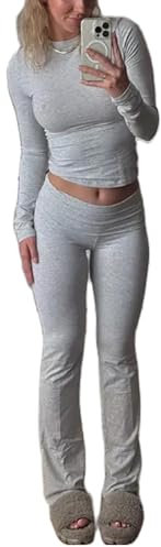 JunD Skims Lounge Set Damen Lounge Set Damen Skims Inspiriert Lounge Set Slim Fit Zweiteiler Lounge Wear Damen Jogger-Anzug Langarm Crop Top und Umklappbare Yoga-Schlaghose Damen Lounge Sweatsuits Set