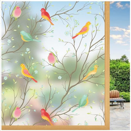 Lifetree Stained Glass Window Film Privacy Film for Glass Windows Decorative Non Adhesive Static Cling Vinly Anti UV Bird Patterned for Bathroom and Door (Translucent, 44.5 * 200cm)