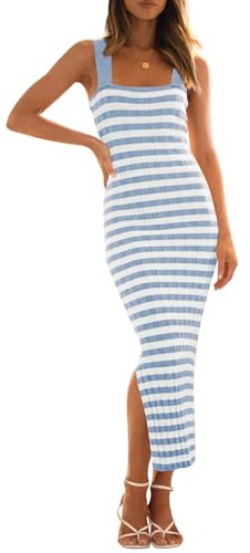 MEROKEETY Womens Striped Bodycon Ribbed Knitted Midi Dress, Blue, S