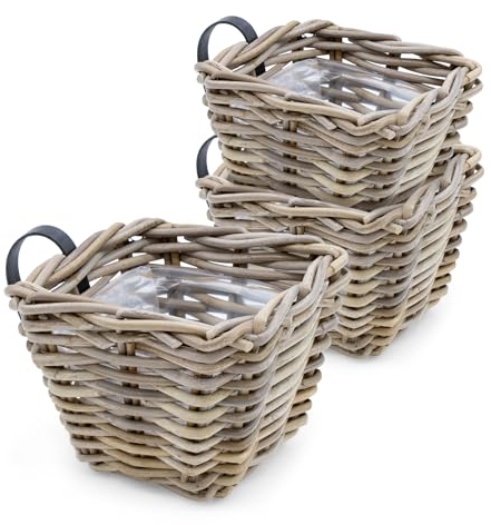 Juego de 3 jardineras de ratán natural para balcón, 15 x 15 cm, cesta de mimbre con soporte, para balcón, jardín, jardinera, macetero, macetero, macetero, cesta para flores para colgar en barandillas