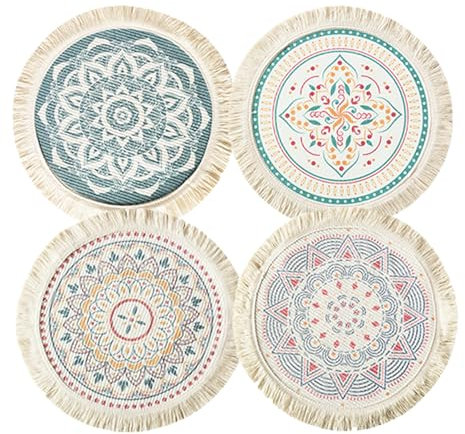 4 Stück Runde Boho-Tischsets aus Baumwolle für heiße Gerichte und Getränke, 36cm, gewebte Baumwoll-Tischsets, waschbar, Mandala-Muster, Quaste, hitzebeständig, Tischmatten für Esstisch, Heimdekoration