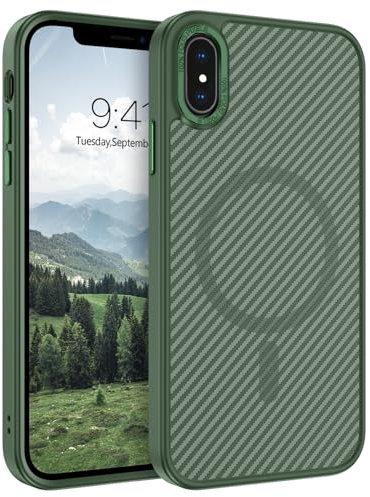 YINLAI for iPhone X Magnetic Case iPhone XS Magnetic Case [Compatible with Magsafe] Carbon Fiber Support Wireless Charging Slim Full Shockproof Case for iPhone X/iPhone XS 5.8,Green