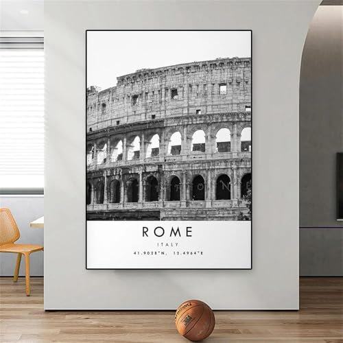 Baibexing Reisedruck Italien Rom Poster Schwarz-Weiß Druck Einzigartige Wandkunst Koordinaten Minimalistisches Bürodekor Stadt Wahrzeichen Bild 50X70Cm Kein Rahmen