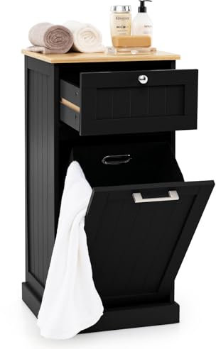 COSTWAY Laundry Cabinet, Tilt Out Laundry Hamper Bathroom Storage Cabinet with Drawer & Removable Clothes Bin, Freestanding Wooden Laundry Basket Dirty Clothes Chest Organiser Unit, 40x37x82cm (Black)