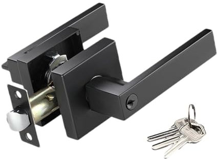 Youngwier Interior Door Handles with Lock, Lockable Door Handle, 3-Bar Entrance Door Knob, Square Aluminium Alloy Door Lever, Outdoor Door Lock for Bedroom, Front Door, Gate, Garage