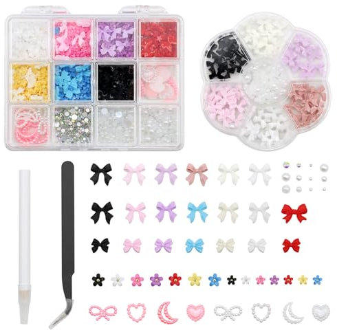 3D Nail Charms, VEGCOO 2 Boxes Nail Stuff Nail Gems Rhinestones Pearls Charms with Pickup Tool, Assorted Colour Bows Heart Star Moon Nail Art Charms for Women Girls Nail Art DIY Accessories