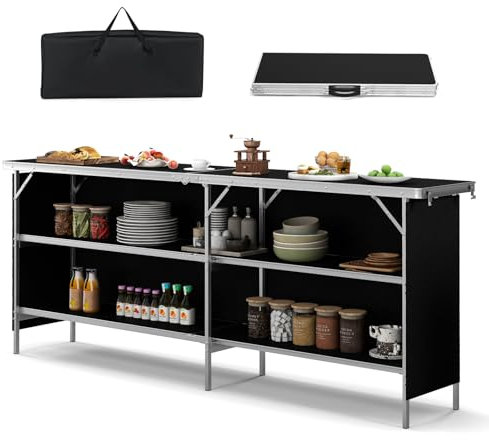 KOMFOTTEU Campingküche mit 3 Ebenen Stauraum, Campingschrank Klappbar mit Tragetasche, Picknicktisch faltbar aus Aluminium, Klapptisch für Picknick, BBQ, Party (Schwarz-Erweitert)