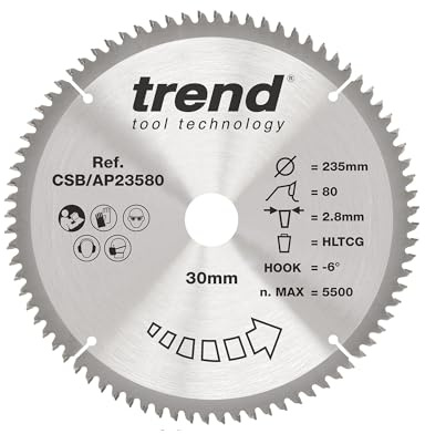 Trend Aluminium & Plastic Circular Saw Blade, 235mm x 30mm, 80 Teeth TCT | Extra-Fine TCT Blade For Clean, Accurate Cuts In Aluminium And Plastic, With -6° Hook, 2.8mm Kerf, 235mm x 30mm, CSB/AP23580