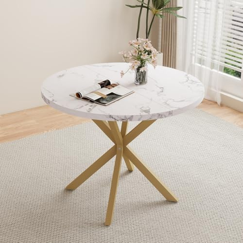 HJhomeheart Esstisch, runder Küchentisch, moderner runder Tisch, Dicke MDF-Platte und Metallbeine, für Wohnzimmer, Esszimmer, Weiß+Gold