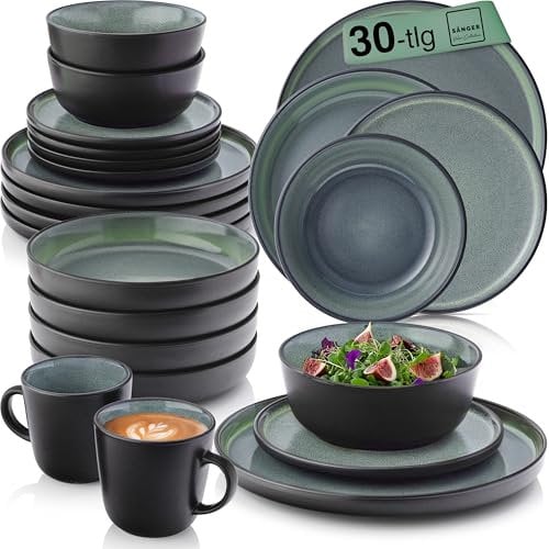 SÄNGER Malmö | Kombiservice 6 Personen, Teller Set Kaffeebecher Pastaschale 30 tlg, Steingut Geschirr Set spülmaschinen- mikrowellen- kratzfest, Geschirrset aus Steingut dunkelgrün | VALUE COLLECTION