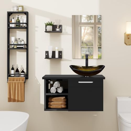 YU YUSING Ensemble de Meubles de Salle de Bain avec Lavabo Miroir et Porte-Serviette, 3 Étagères Murale, Armoire Meuble de Rangement, Vasque à Poser, Ensemble de Robinets (Ovale Doré)