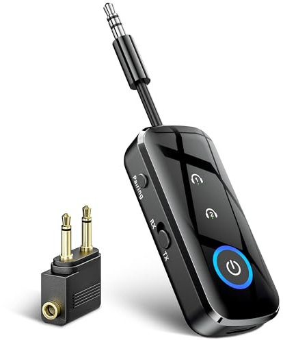 SONRU Bluetooth 5.3 Transmitter Receiver Splitter, 2 in 1 Bluetooth Airplane Adapter with 3.5mm Jack Compatible with 2 AirPods Wireless Headphones Travel Essentials for Flight, TV, Car, Gym, Speaker