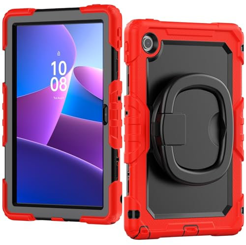 Funda compatible con Lenovo Tab 10.1 (TB-311XU)/K10C TB311FU 2025 con protector de pantalla, funda protectora de cuerpo completo resistente con mango giratorio, funda de silicona zy (rojo)