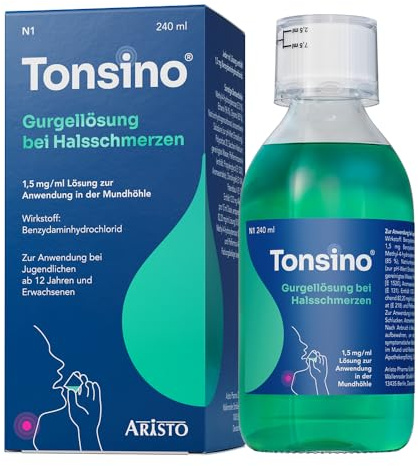 Tonsino Gurgellösung 240ml – Schnelle Hilfe bei Halsschmerzen & Reizungen – Mit Benzydamin – Ohne Kortison – Kein Antibiotikum – Zuckerfrei – Minzgeschmack – Für Erwachsene & Jugendliche ab 12 Jahren