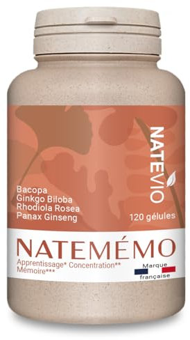 NATEVIO Natemémo – Mémoire & Concentration – Bacopa 500 mg, Ginkgo, Rhodiola, Ginseng – 120 Gélules Végétales – Complément Alimentaire Naturel - Sans Caféine - Made in France