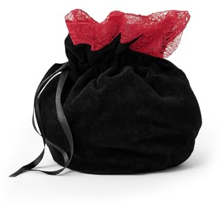 Leonardo Carbone® Damen Tasche Loretta | Kordelzugverschluss | Rüschendetail | Karneval, Halloween, Cosplay, LARP, Beutel, Handtasche, Mittelalter, Accessoire | 100% Baumwolle Schwarz/Rot
