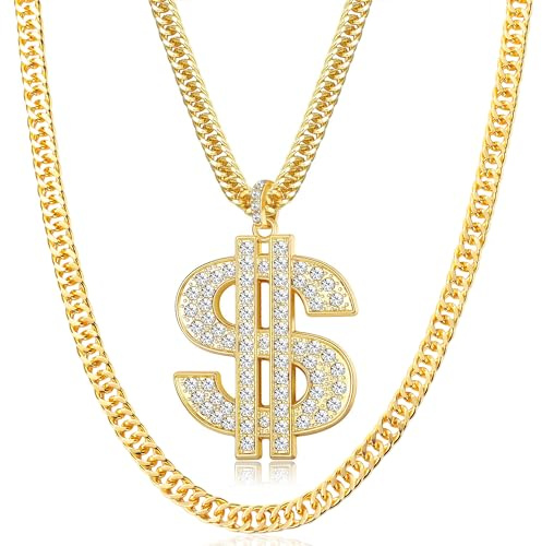 Gold Chain with Dollar Sign, Fake Gold Chain, Money Chain Necklace for Men Women Gold Plated Stainless Steel Jewelry Fashion Pendants for 70s 80s 90s Hip Hop Rapper Costume Accessories (US Dollar)