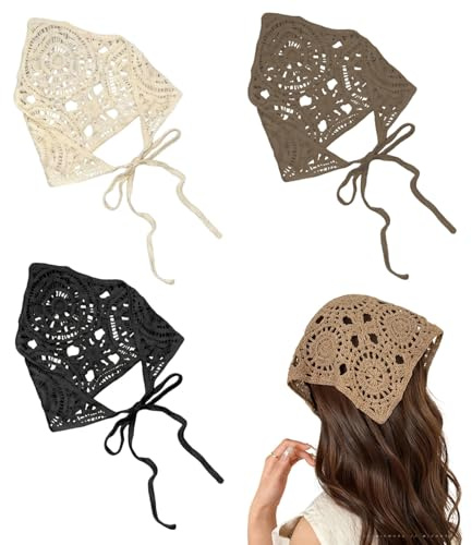 3 Stück Kopftuch Damen Sommer, Boho Kopfbedeckung Damen Sommer | Gehäkeltes Haartuch zum Binden, Elastische Kopftücher für, Stylische Haartücher Kopfbedeckung
