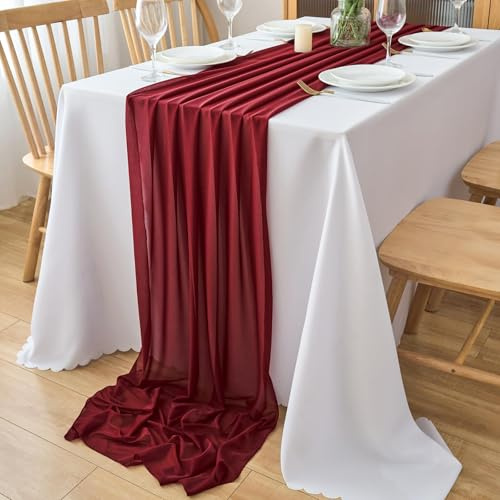 Tischläufer Burgunderrt 77x180 cm Weinrot Rustikaler Gaze Stoff Boho Tischläufer Stoff Tüll Tischdecke Hochzeit Tischdecke für Hochzeitsfeier Brautparty Tischdekoration