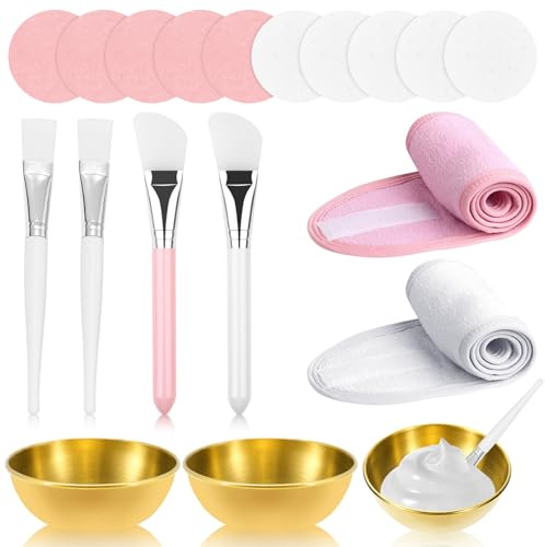 Yuaerbuo 18 PCS Esthetician Facial Supplies Set,with Face Mask Applicator Gold Mixing Bowls Brushes Compressed Sponges Headband, Face Mask Brush Applicator and Bowl Tools for Women Spa