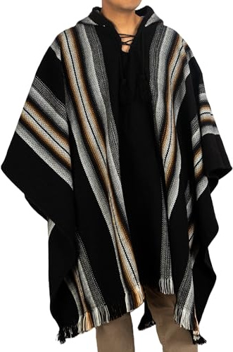 DILUKA Alpaka Poncho Herren (Schwarz mit Grau/Braun), Handgefertigt in Peru, Traditioneller Anden-Stil, Einheitsgröße, Warm für Winter und Outdoor, Fair Trade Alpakawolle