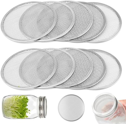 Nexlynk 10 Pack Stainless Steel Sprouting Mesh Filters for 86mm Wide Mouth Mason Jars, Seed Sprouting Jar Strainer Screens Mesh Sieve Discs for Bean Sprouts Alfalfa Broccoli Sprouting