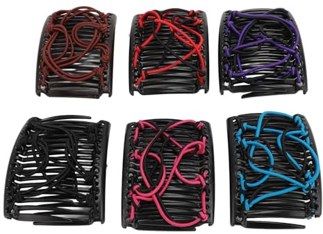 Yctze 6er-Pack Elastische Haarkämme für Damen und Mädchen – Dehnbare Vintage-Haargabeln mit Doppelkamm und Clips in Rot, Lila, Blau, Schwarz, Kaffee und Rot – Vielseitige, Stilvolle Accessoires,