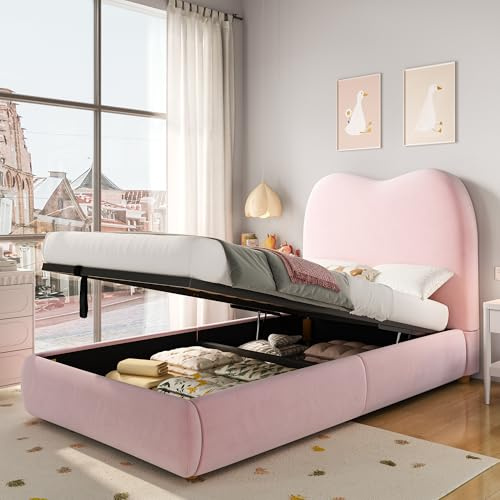 Cayipng Letto singolo con contenitore,letto contenitore singolo con rete a doghe,Letto imbottito con testiera,letti singoli 90 x 200 cm, letto bambini con spazio di archiviazione,letto idraulico,Rosa